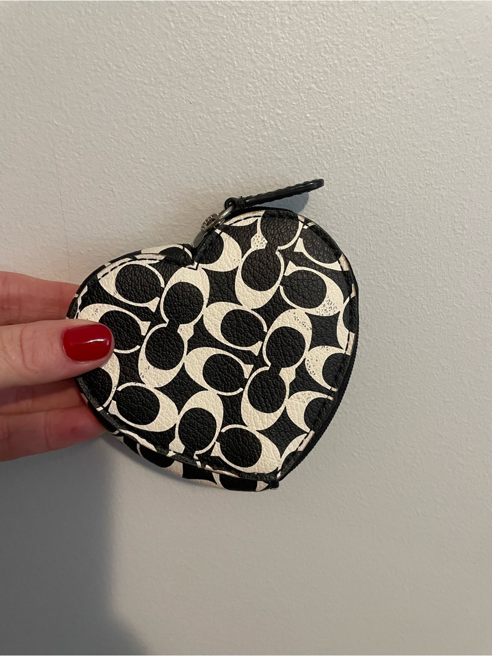 Coach Heart Coin Pouch in Black and White Signature Print